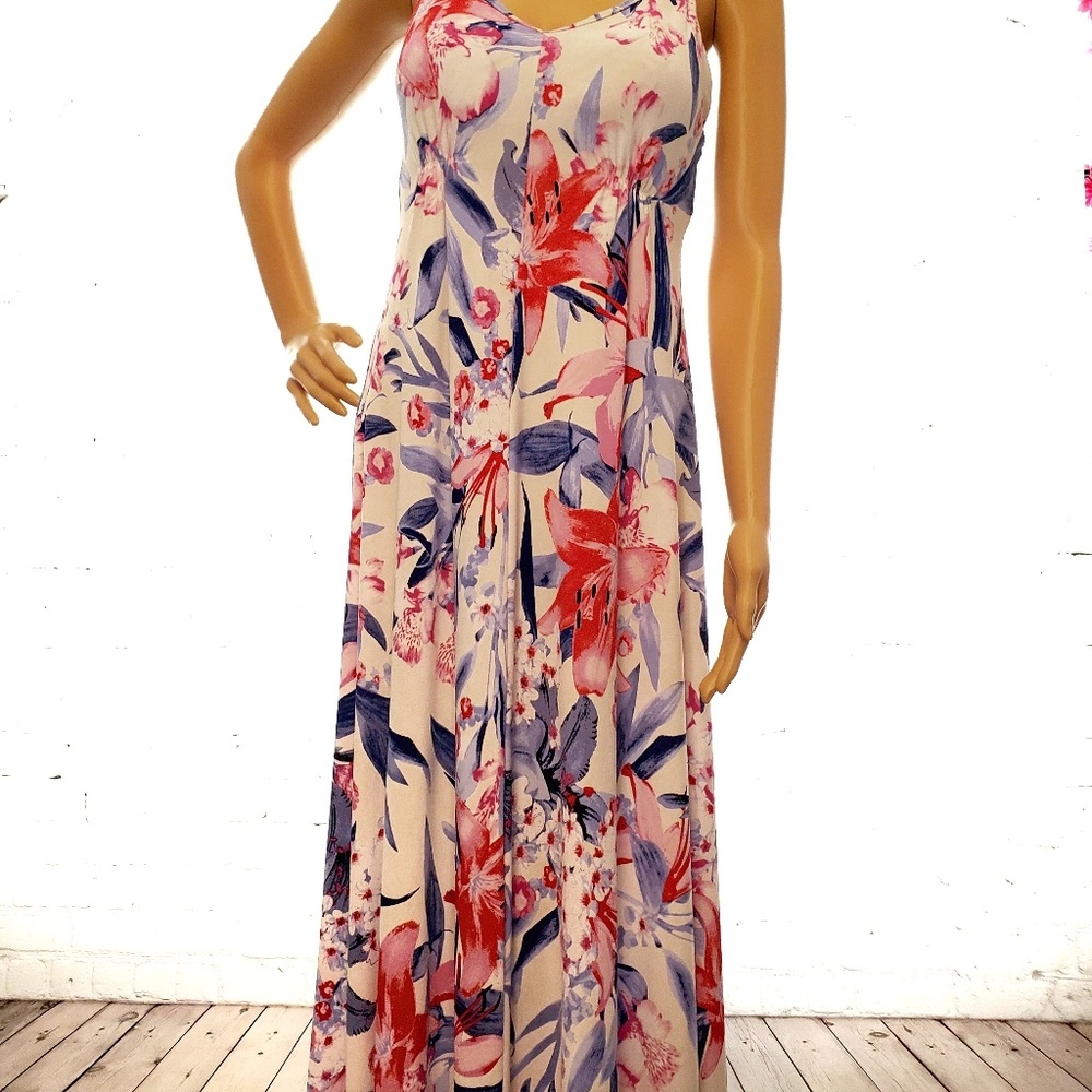 Jennifer Lopez pink and blue floral maxi dress